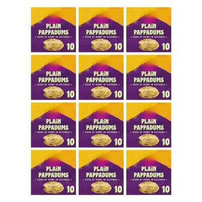 PTK Original Pappadum 10 Easy to Cook Microwavable Fryable Plain Puppadums with No Artifical Colours, Flavours, or Preservatives 100g Box Suitable of Vegetarians (12 Boxes, Total 120 Pappadums)