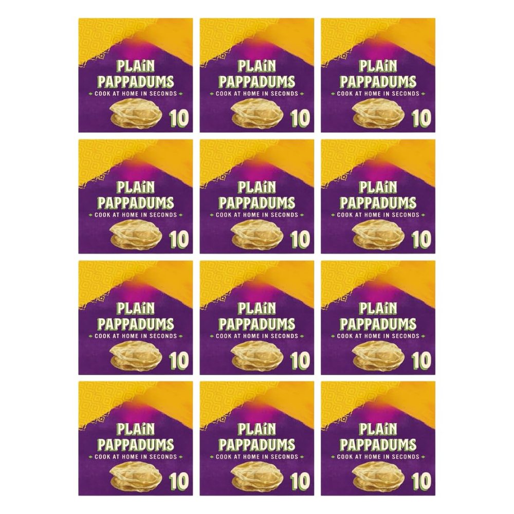 PTK Original Pappadum 10 Easy to Cook Microwavable Fryable Plain Puppadums with No Artifical Colours, Flavours, or Preservatives 100g Box Suitable of Vegetarians (12 Boxes, Total 120 Pappadums)