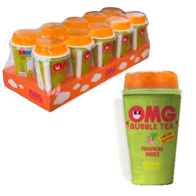 OMG Bubble Tea 270ml 10 Pack, with straws to drink and colourful display tray (270ml 10 PACK, OMG BUBBLE TEA TROPICAL VIBES with MANGO BUBBLES)