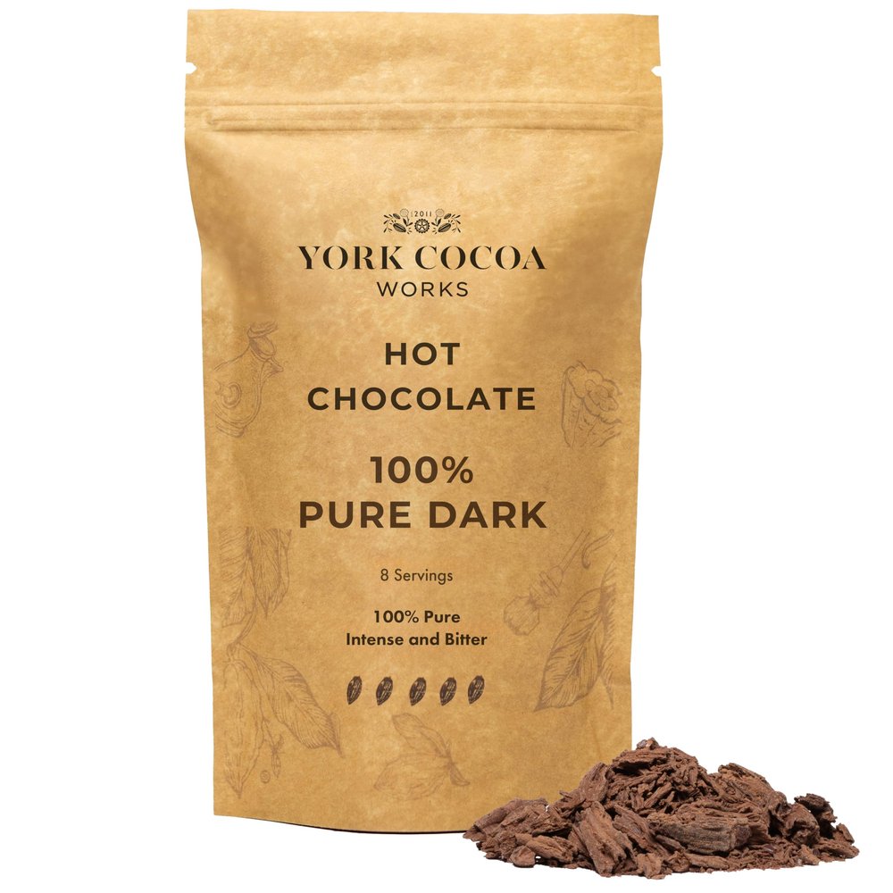York Cocoa Works 100% Pure Dark Hot Chocolate Flakes (200g, 8 Servings) Artisan Hand Made Chocolate