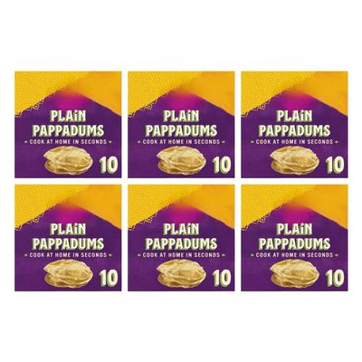 PTK Original Pappadum 10 Easy to Cook Microwavable Fryable Plain Puppadums with No Artifical Colours, Flavours, or Preservatives 100g Box Suitable of Vegetarians (6 Boxes, Total 60 Pappadums)