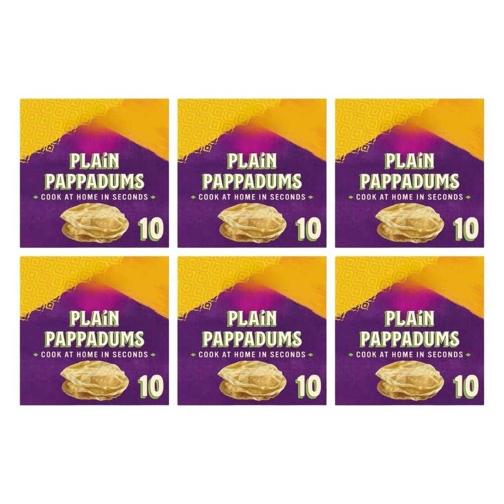 PTK Original Pappadum 10 Easy to Cook Microwavable Fryable Plain Puppadums with No Artifical Colours, Flavours, or Preservatives 100g Box Suitable of Vegetarians (6 Boxes, Total 60 Pappadums)