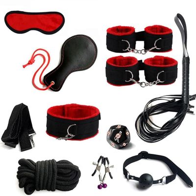 10 Piece Classic Red Nylon Multifunctional Plush Lined Indoor Fitness Set With Handmade Rope And Racket - D25-Uk