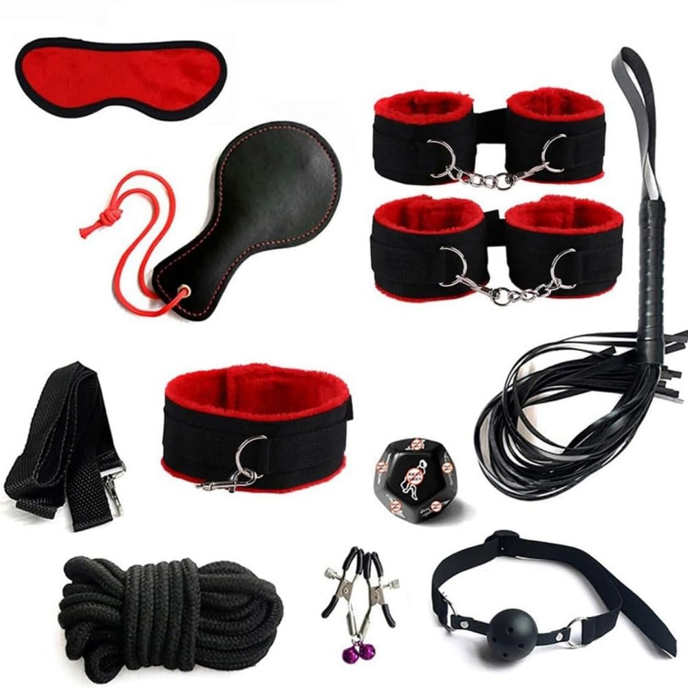 10 Piece Classic Red Nylon Multifunctional Plush Lined Indoor Fitness Set With Handmade Rope And Racket - D25-Uk