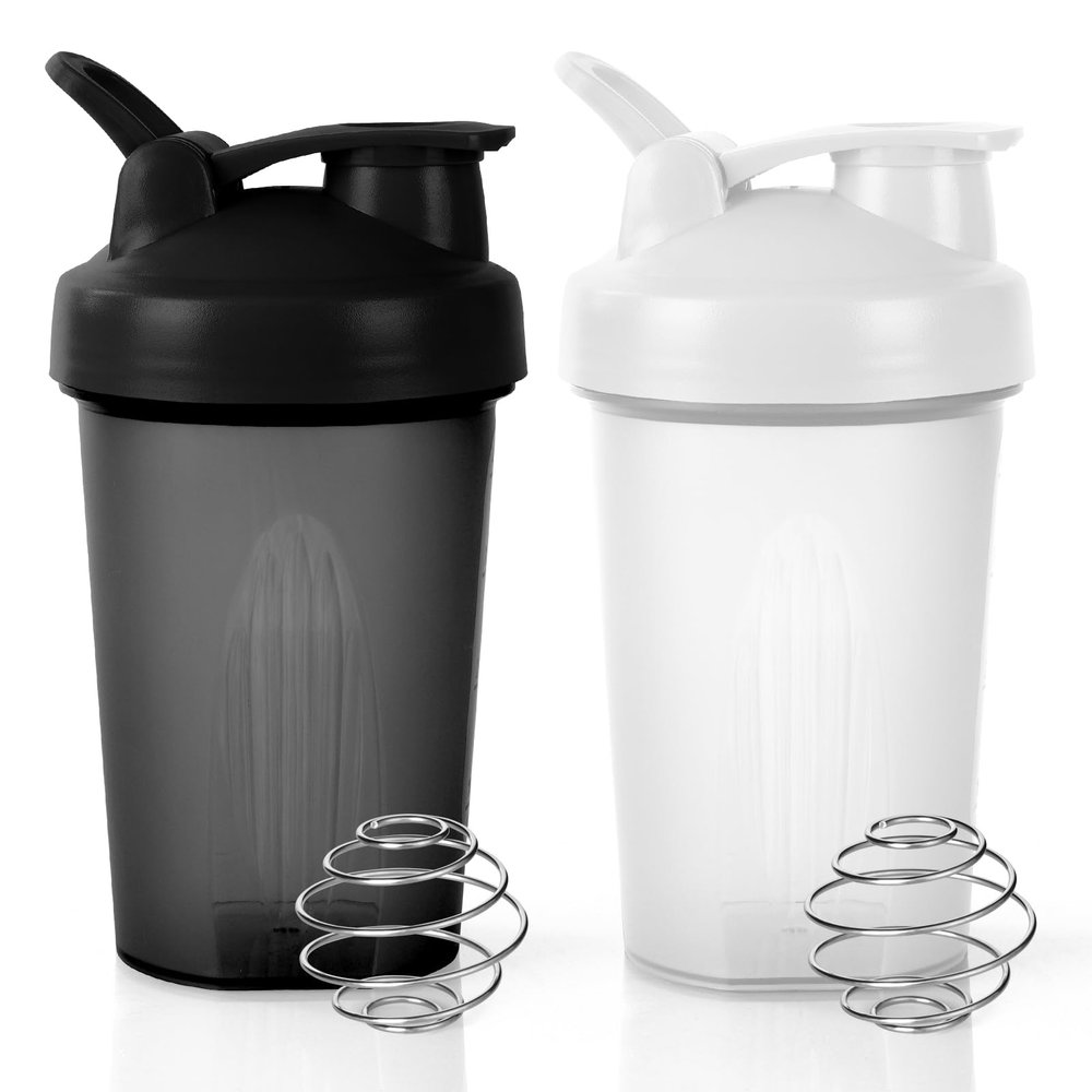 ACWOO Protein Shaker Bottle with Stainless Steel Mixing Ball 500ml, 2pcs Protein & Supplement Shaker Bottle, BPA Free Protein Shake Bottle, Leak Proof Flip Flop Lid Shake Bottle Mixer, Black + White