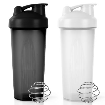 ACWOO Protein Shaker Bottle with Stainless Steel Mixing Ball 600ml, 2pcs Protein & Supplement Shaker Bottle, BPA Free Protein Shake Bottle, Leak Proof Flip Flop Lid Shake Bottle Mixer, Black + White