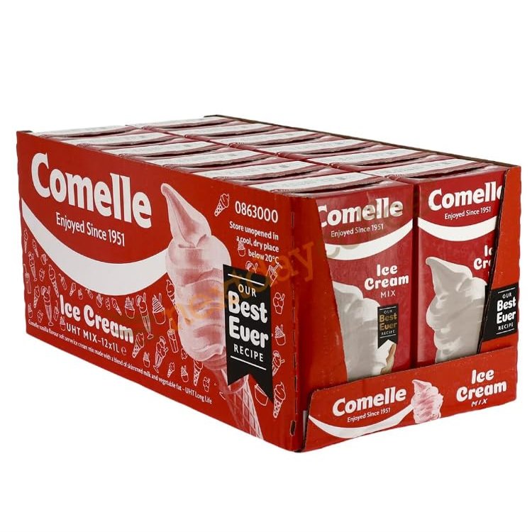 Comelle Ice Cream Mix Vanilla Soft Serve | Instant Ready to Freeze | UHT | Long Life Dairy Skimmed Milk | Sundea Mousse Dessert Shake | (With Lucky Boy Greetings Card) (12x1Lt)