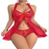 Foxiny Sexy Halter Open Front Ruffle Sheer Mesh Lace Babydoll Lingerie Dress with Thong 2 Piece, Red, XS view 1
