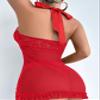 Foxiny Sexy Halter Open Front Ruffle Sheer Mesh Lace Babydoll Lingerie Dress with Thong 2 Piece, Red, XS view 2