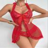 Foxiny Sexy Halter Open Front Ruffle Sheer Mesh Lace Babydoll Lingerie Dress with Thong 2 Piece, Red, XS view 3