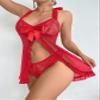 Foxiny Sexy Halter Open Front Ruffle Sheer Mesh Lace Babydoll Lingerie Dress with Thong 2 Piece, Red, XS view 4