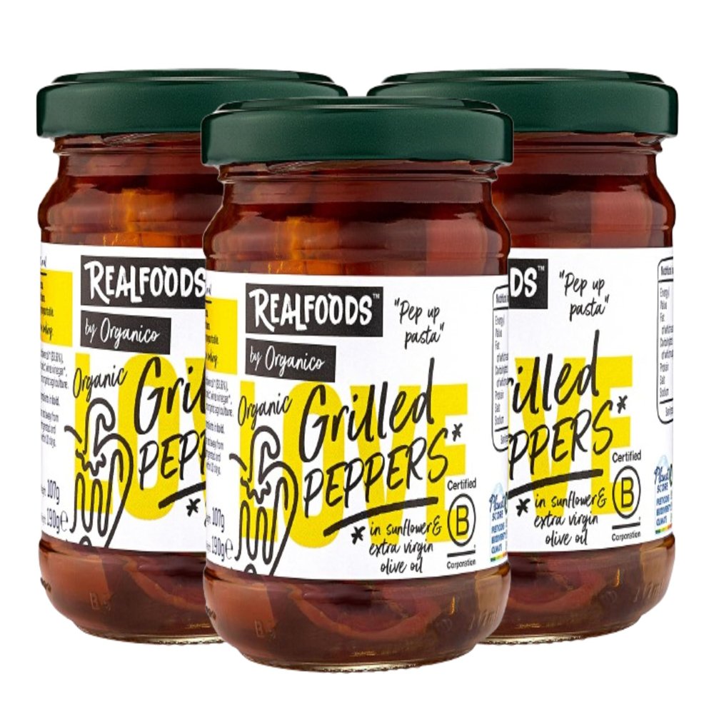 Realfoods by Organico | Organic Grilled Peppers in Extra Virgin Olive Oil Farm-Grown in Puglia, Ideal for Pasta & Antipasti, 190g (Pack of 3)
