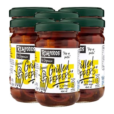 Realfoods by Organico | Organic Grilled Peppers in Extra Virgin Olive Oil Farm-Grown in Puglia, Ideal for Pasta & Antipasti, 190g (Pack of 6)