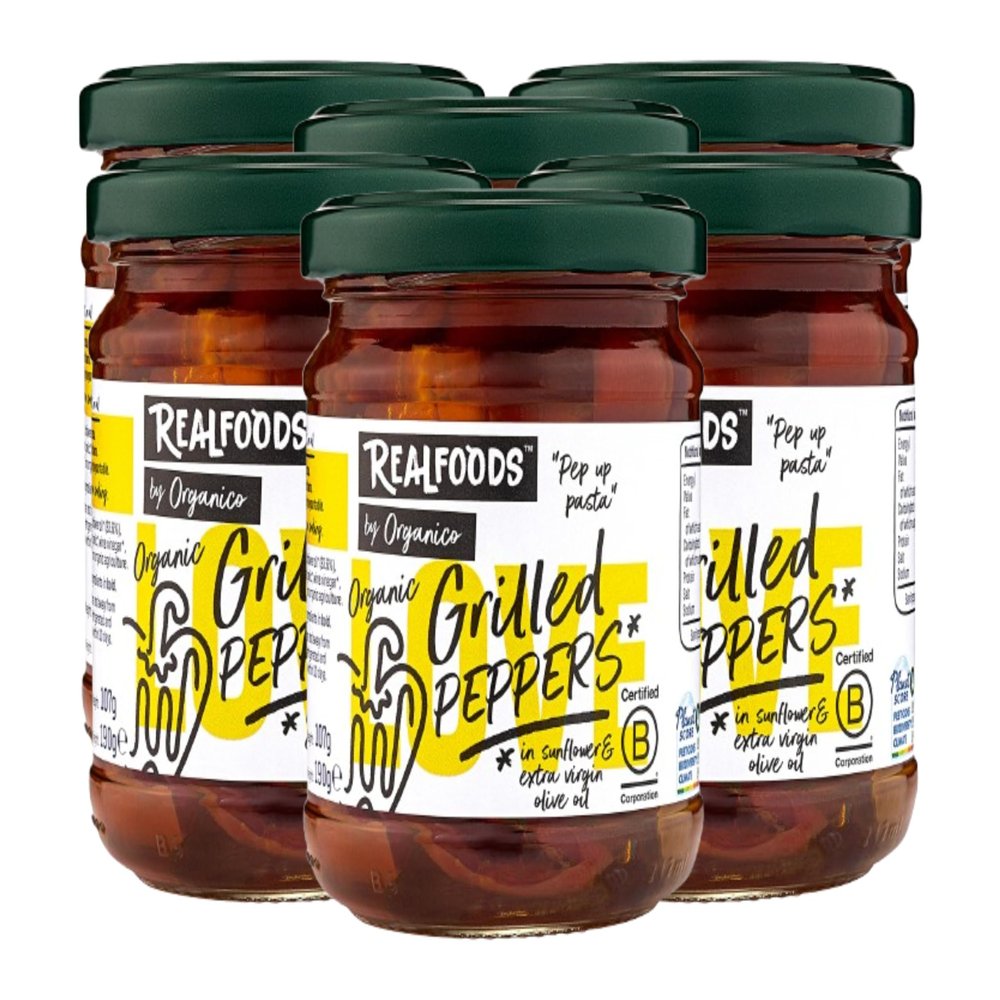 Realfoods by Organico | Organic Grilled Peppers in Extra Virgin Olive Oil Farm-Grown in Puglia, Ideal for Pasta & Antipasti, 190g (Pack of 6)