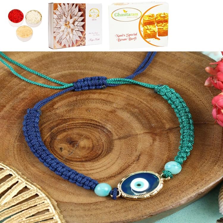 Ghasitaram Gifts Jaiccha Rakhi for Brother Rakhis Online - PRK25-008-Macrame Evil Eye Bracelet Premium Rakhi with 200 GMS of Besan Barfi and 200 GMS of Kaju Katli