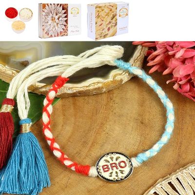 Ghasitaram Gifts Jaiccha Rakhi for Brother Rakhis Online - ST25-038-BRO Thread Weave Pemium Rakhi with 200 GMS of Kaju katli and 200 GMS of Soan Papdi