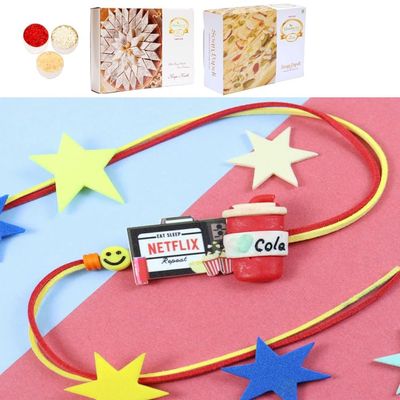 Ghasitaram Gifts Jaiccha Rakhi for Brother Rakhis Online - PRK24-080-Netflix Cola Printed Premium Rakhi with 200 GMS of Kaju katli and 200 GMS of Soan Papdi