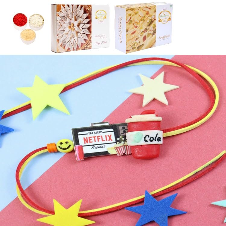 Ghasitaram Gifts Jaiccha Rakhi for Brother Rakhis Online - PRK24-080-Netflix Cola Printed Premium Rakhi with 200 GMS of Kaju katli and 200 GMS of Soan Papdi
