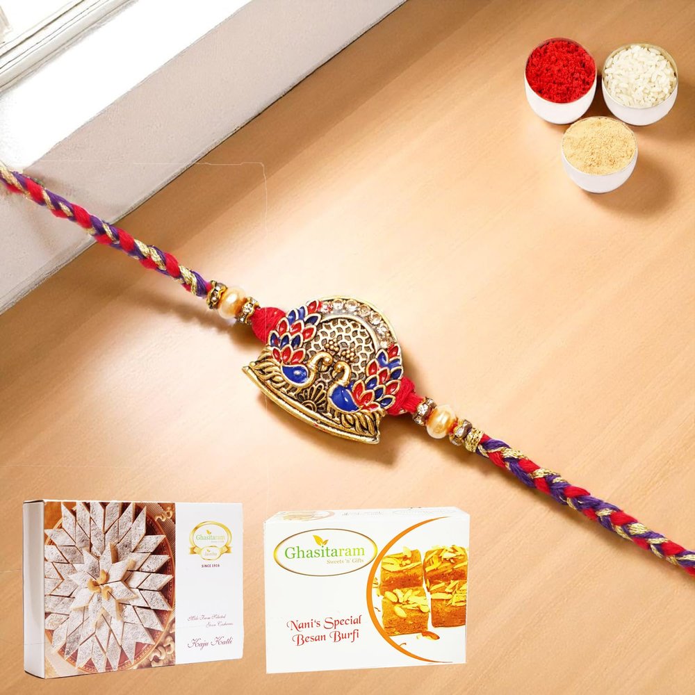 Ghasitaram Gifts Jaiccha Rakhi for Brother Rakhis Online - K-178 Premium Rakhi with 200 GMS of Besan Barfi and 200 GMS of Kaju Katli