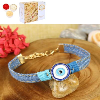 Ghasitaram Gifts Jaiccha Rakhi for Brother Rakhis Online - PRK25-005-Handmade Demin Band Evil Eye Bracelet Premium Rakhi with 400 gms of Soan Papdi