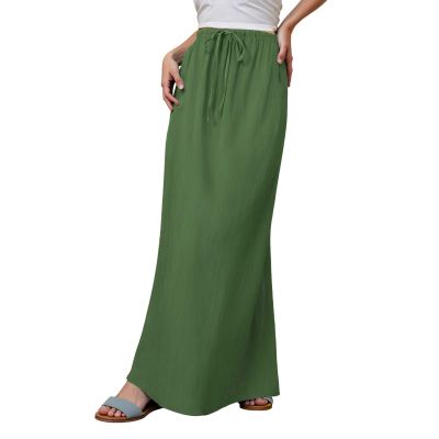 Women's Long Skirt - Elastic Waist Skirt Sexy Slim Casual Simple Solid Colour with Drawstring Loose Fit Classic Comfortable Basic Breathable Lightweight Beach Skirts, Army Green, L