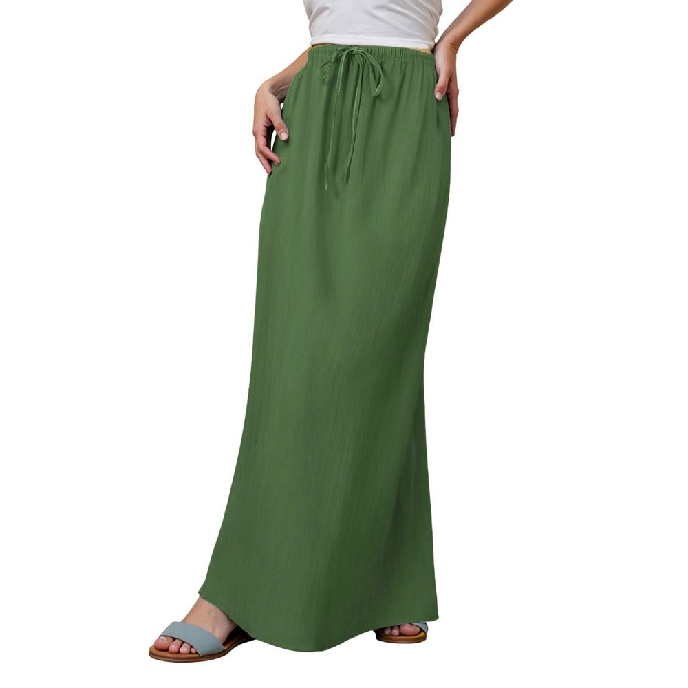 Women's Long Skirt - Elastic Waist Skirt Sexy Slim Casual Simple Solid Colour with Drawstring Loose Fit Classic Comfortable Basic Breathable Lightweight Beach Skirts, Army Green, L
