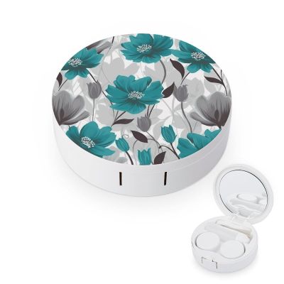 BVKWNTSA Portable Round Teal Grey and White Floral1 Printed Contact Lens Case is Stylish and Compact, Easy to Carry and Protects Lenses.