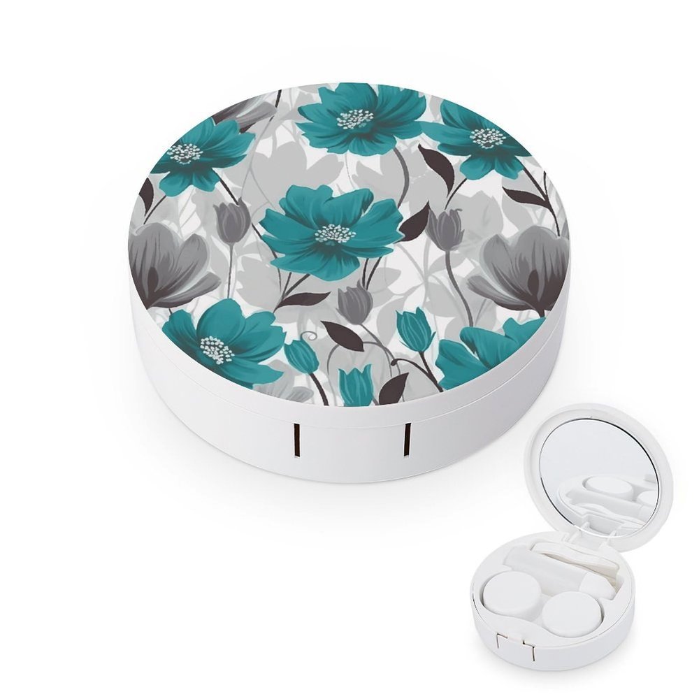 BVKWNTSA Portable Round Teal Grey and White Floral1 Printed Contact Lens Case is Stylish and Compact, Easy to Carry and Protects Lenses.