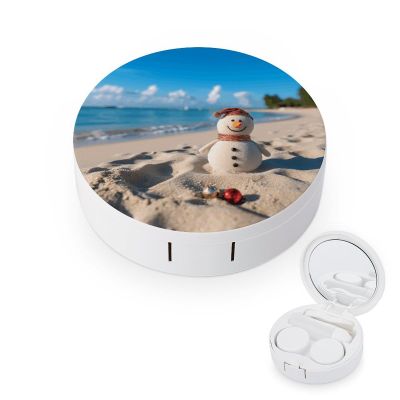 BVKWNTSA Portable Round Sand Snowman on Beach Printed Contact Lens Case is Stylish and Compact, Easy to Carry and Protects Lenses.