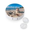 BVKWNTSA Portable Round Sand Snowman on Beach Printed Contact Lens Case is Stylish and Compact, Easy to Carry and Protects Lenses. view 1
