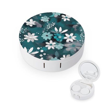 BVKWNTSA Portable Round Teal Grey and White Floral Printed Contact Lens Case is Stylish and Compact, Easy to Carry and Protects Lenses.