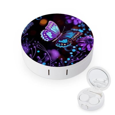 BVKWNTSA Portable Round Purple Butterfly and Flowers Printed Contact Lens Case is Stylish and Compact, Easy to Carry and Protects Lenses.