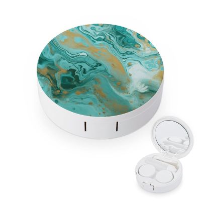 BVKWNTSA Portable Round Teal and Gold Marble Printed Contact Lens Case is Stylish and Compact, Easy to Carry and Protects Lenses.