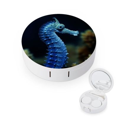 BVKWNTSA Portable Round Blue Seahorse Printed Contact Lens Case is Stylish and Compact, Easy to Carry and Protects Lenses.