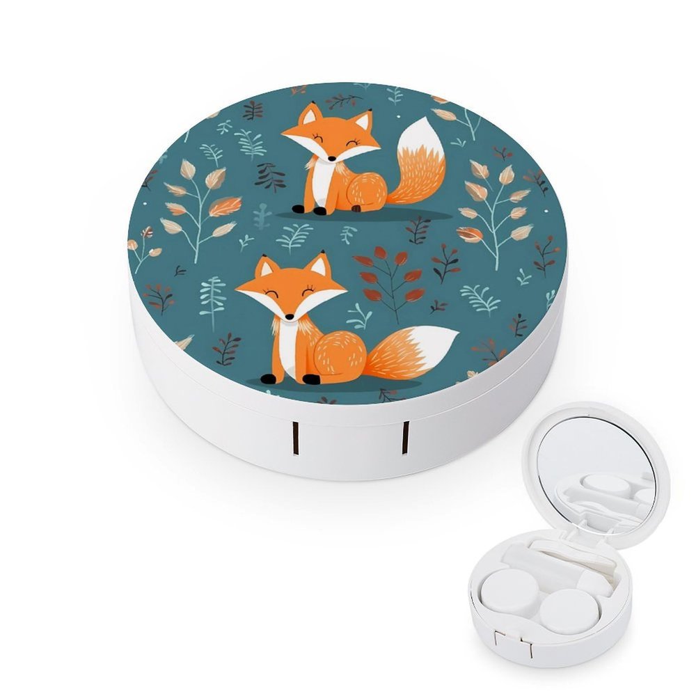 BVKWNTSA Portable Round Cartoon Fox Pattern Printed Contact Lens Case is Stylish and Compact, Easy to Carry and Protects Lenses.