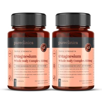 Triple Strength Magnesium Whole Body Complex 1350mg x 180 Caplets (2 Bottles of 90) 247mg Elemental Magnesium 6 Superior Forms for Muscle, Heart, Brain & Bone Support 6 Months Supply