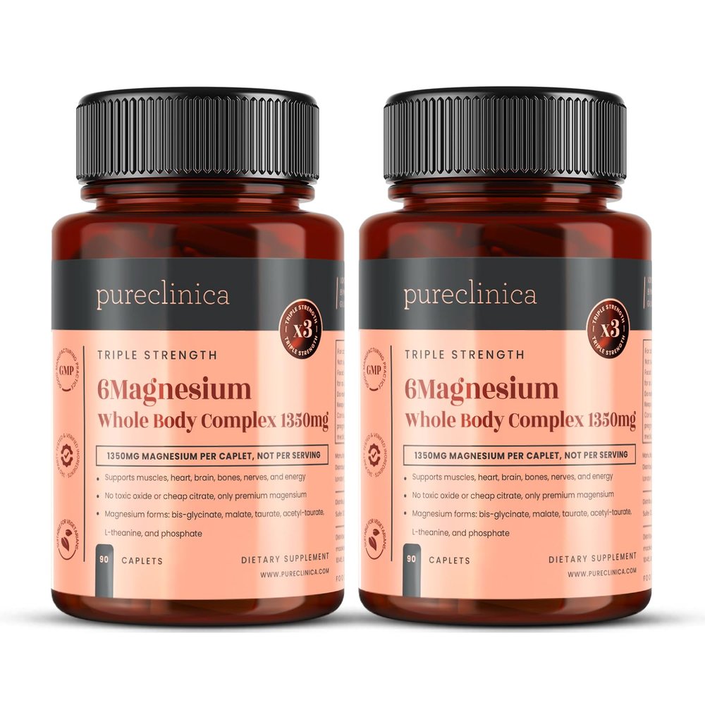 Triple Strength Magnesium Whole Body Complex 1350mg x 180 Caplets (2 Bottles of 90) 247mg Elemental Magnesium 6 Superior Forms for Muscle, Heart, Brain & Bone Support 6 Months Supply
