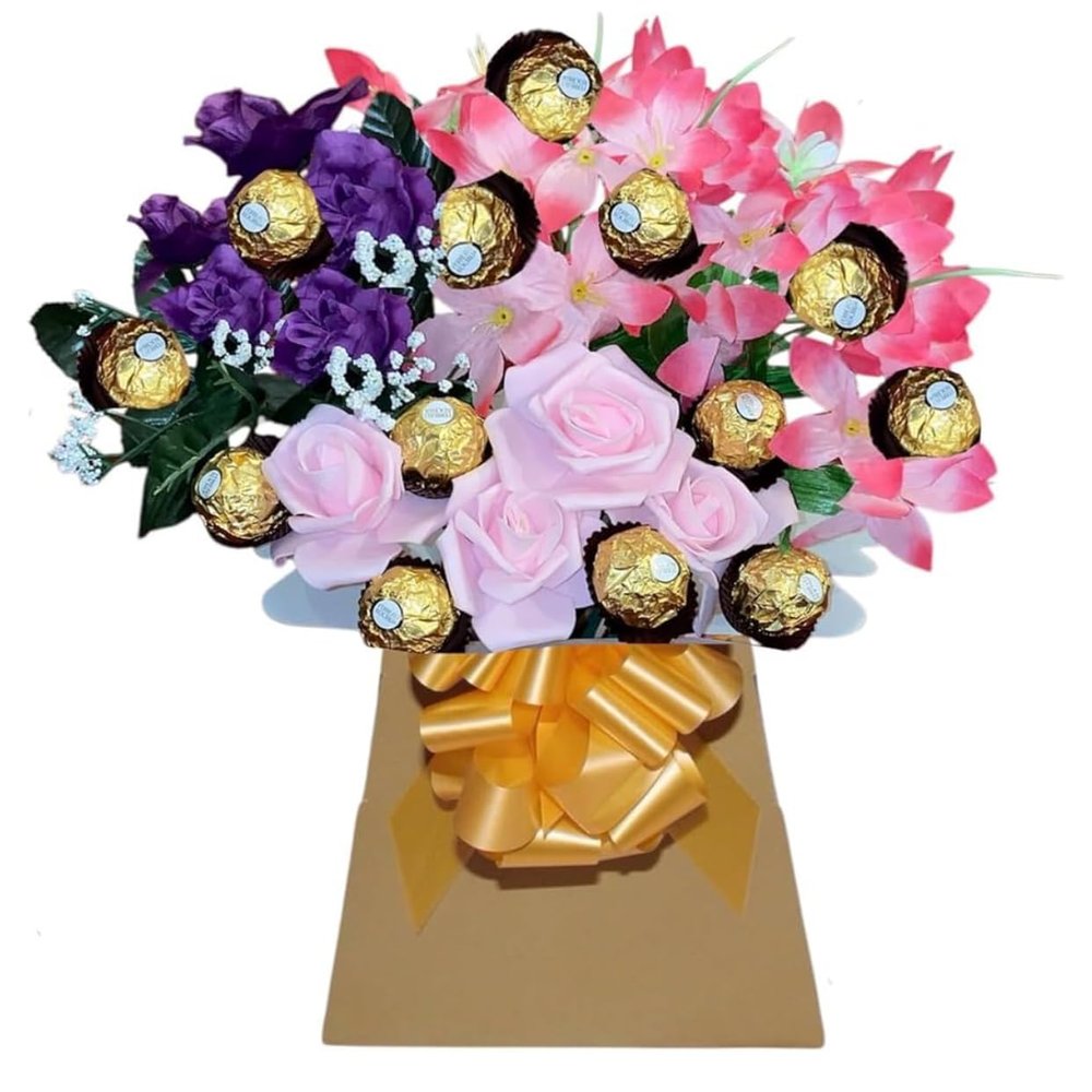 Chocolate and Flowers Hamper Bouquet Roses For Women Men With Ferero Rocheir and Lindr lind Sweets Personalised Pink Purple Gold Red Blue Sweets Candy Presents (Large)