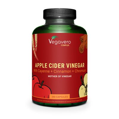 Vegavero Apple Cider Vinegar with Mother Complex 1950 mg | Chromium Picolinate for Blood Sugar Levels | with Cayenne, Ginger and Ceylon Cinnamon Extracts | 240 Capsules | NO Additives | Vegan