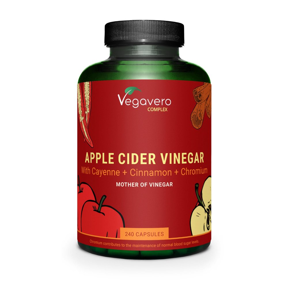 Vegavero Apple Cider Vinegar with Mother Complex 1950 mg | Chromium Picolinate for Blood Sugar Levels | with Cayenne, Ginger and Ceylon Cinnamon Extracts | 240 Capsules | NO Additives | Vegan