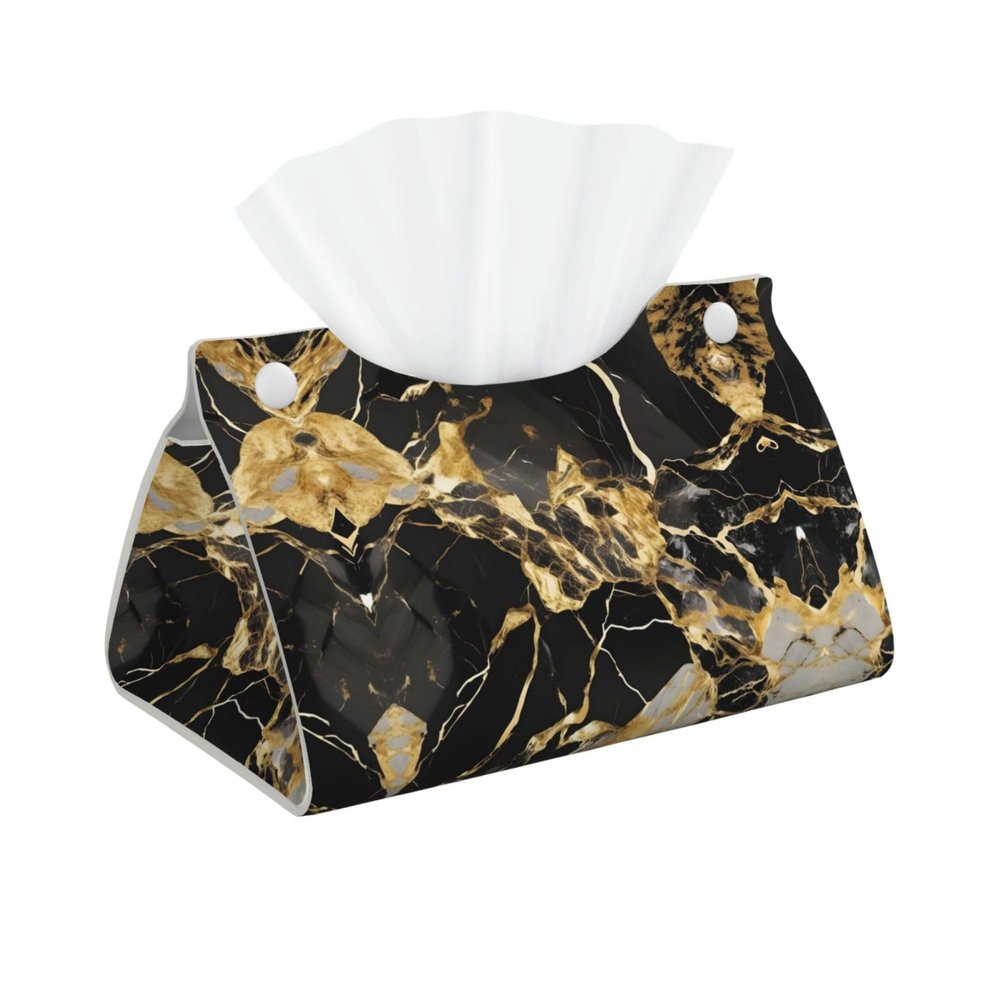 Black Marble Texture Golden Print Tissue Box Holder Aesthetic Tissue Box Cover, Leather Tissues Holder for Countertop Office Desk
