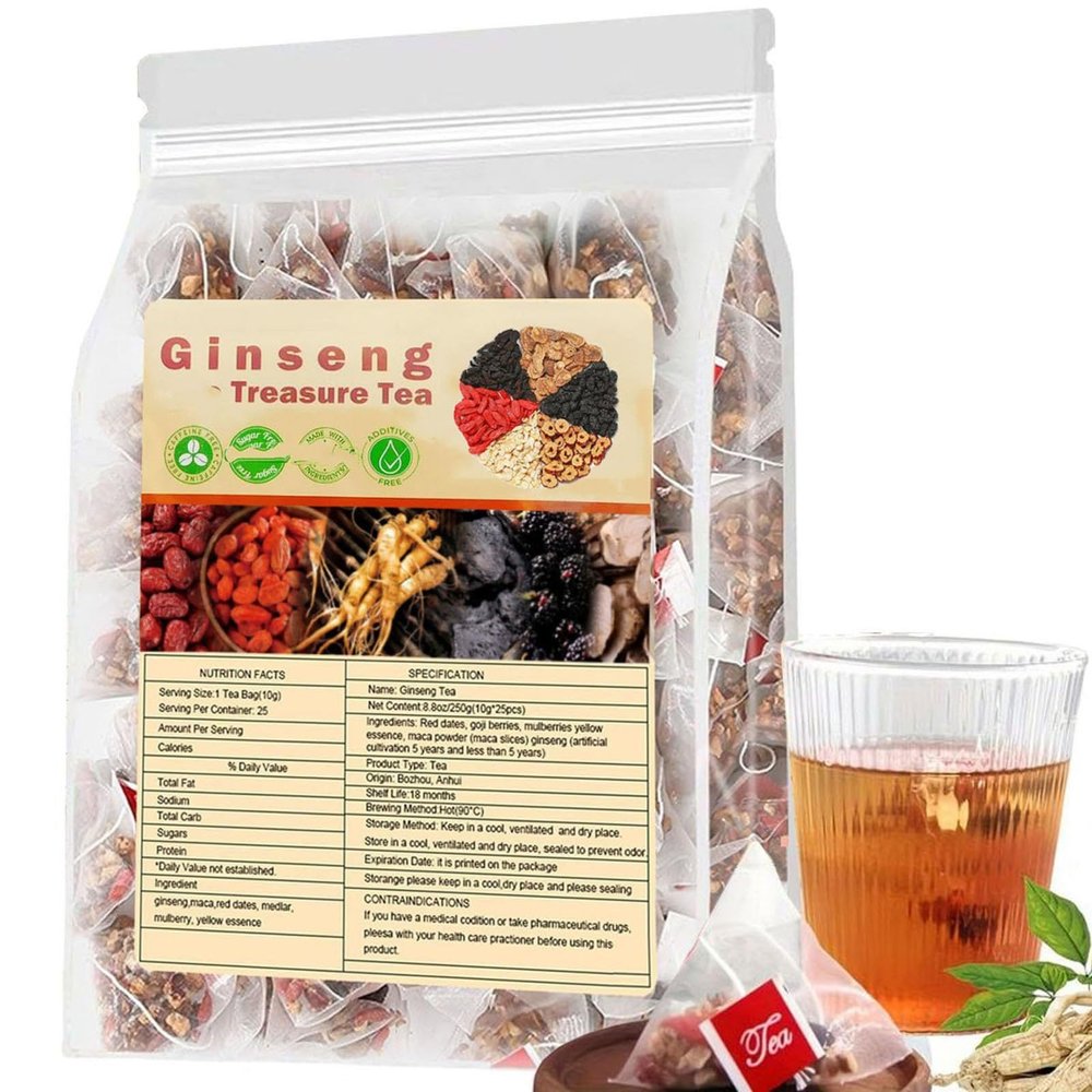 25/50/100 Packets Ginseng Six Treasure Tea, Ginseng Tea, G inseng & Mulberry Herbal T ea for Men, Chinese Kidney Cleanse T ea, Liver and Kidney Care (50 Pcs)