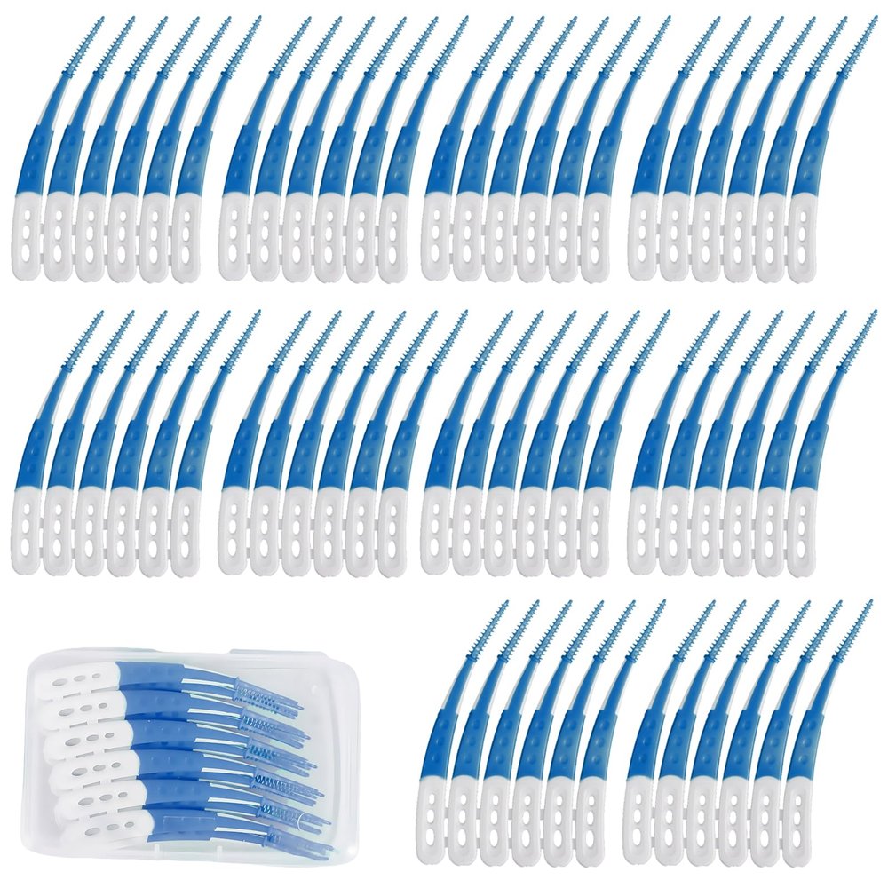 AYNKH 60 Pieces of Interdental Brushes, Silicone Interdental Brushes with Non-Slip Handles, Curved Shaped Sticks for Cleaning Between Teeth, Blue