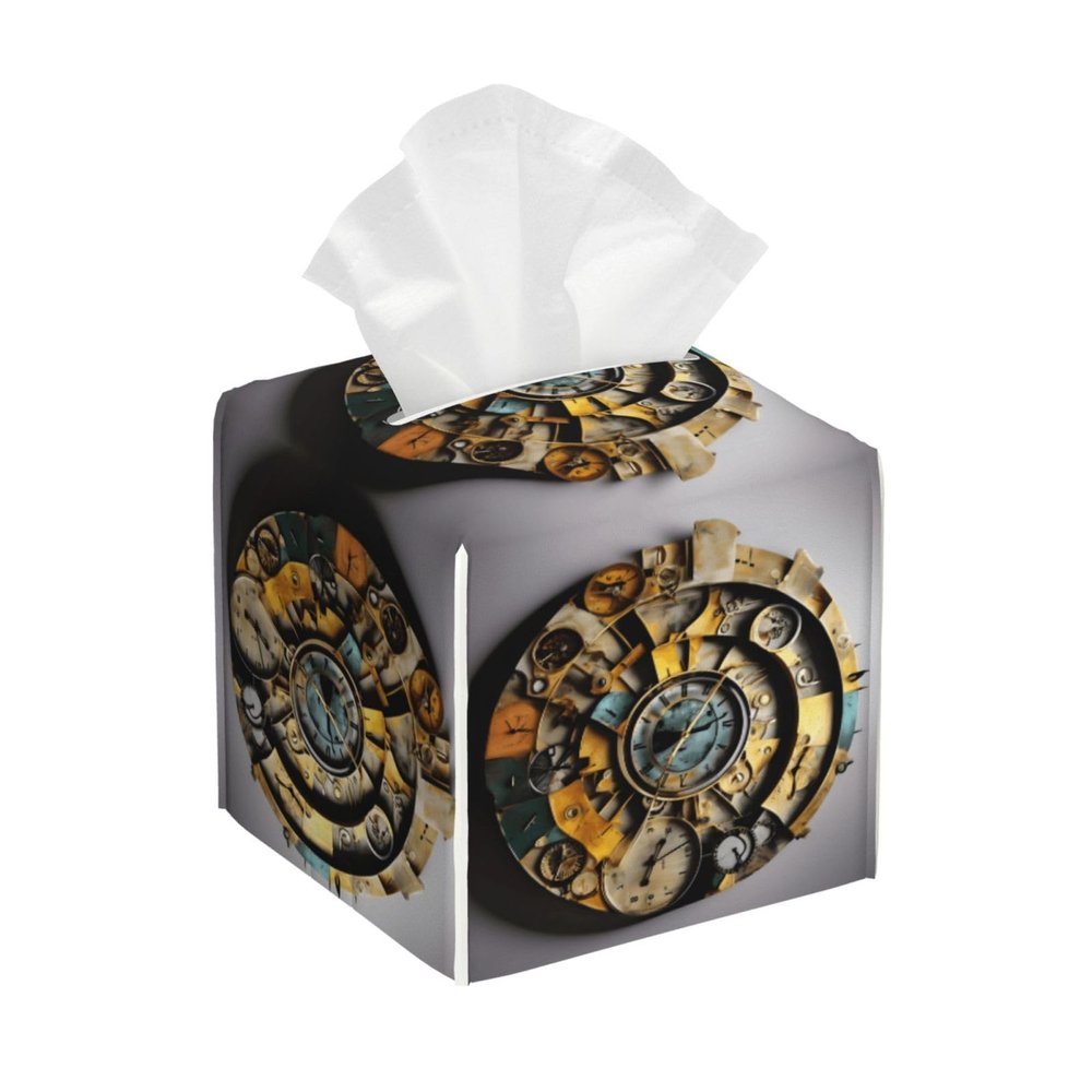 Clock Art Print PVC Leather Tissue Box Holder Napkin Facial Tissues Holder Dispenser for Bathroom Home