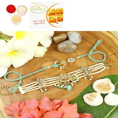 Ghasitaram Gifts Jaiccha Rakhi for Brother Rakhis Online - BRS25-007-Heavy Kundan Bracelet & Rakhi Bhaiya Bhabhi Rakhis with 400 GMS of Besan Barfi