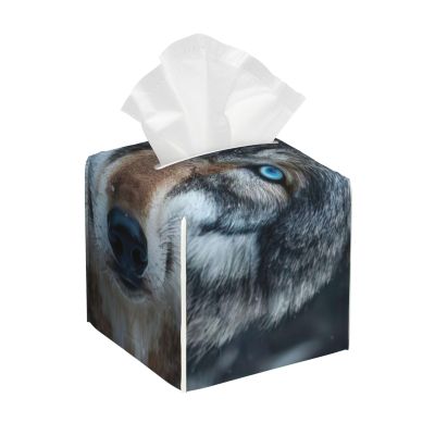 Blue Eyes Wolf Print PVC Leather Tissue Box Holder Napkin Facial Tissues Holder Dispenser for Bathroom Home