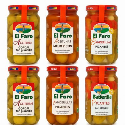 El Faro Mojo Picon Green Olives, Banderillas Spicy, Olives Filled with Guindilla