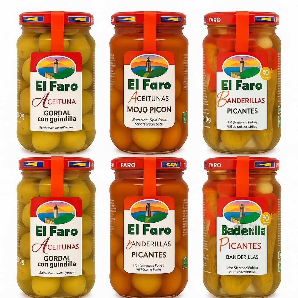 El Faro Mojo Picon Green Olives, Banderillas Spicy, Olives Filled with Guindilla