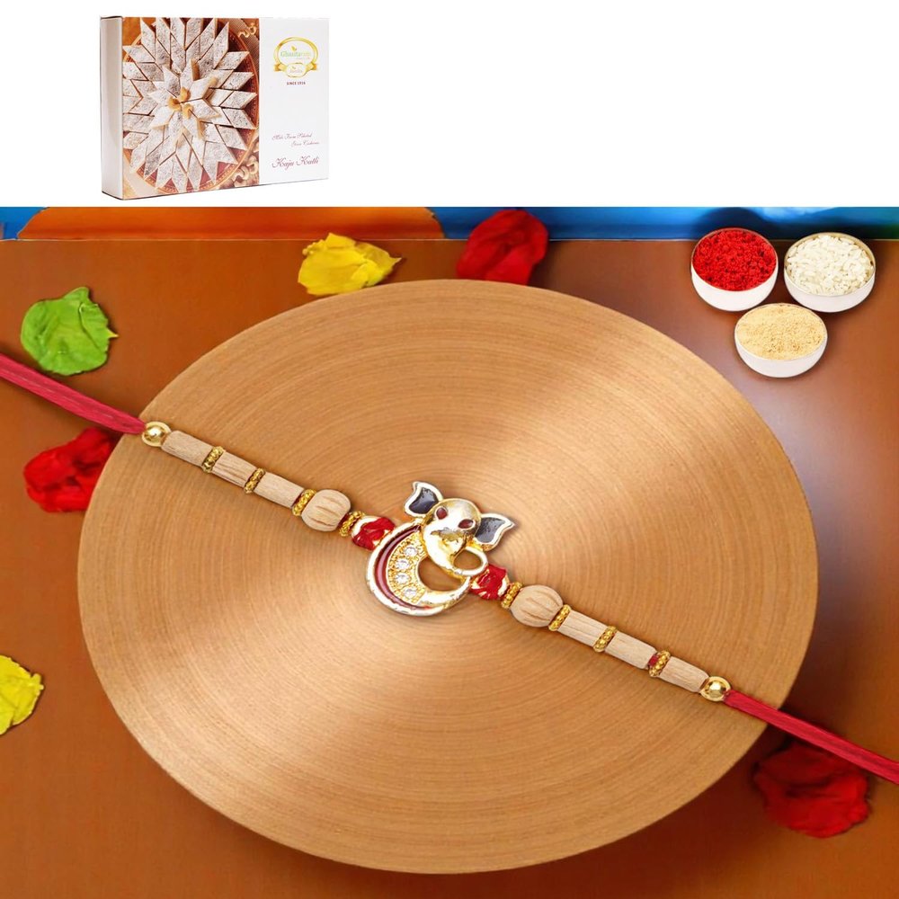 Ghasitaram Gifts Jaiccha Rakhis for Brother Rakhis Online - A-2 Ganesha Divine Rakhi with 200 GMS of Kaju katli