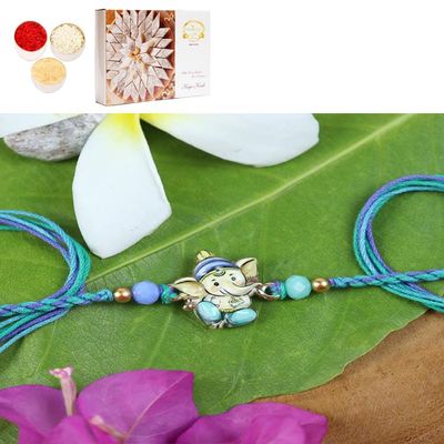 Ghasitaram Gifts Jaiccha Rakhis for Brother Rakhis Online - ST24-130- Printed Stone Ganpati Divine Rakhi with 200 GMS of Kaju katli